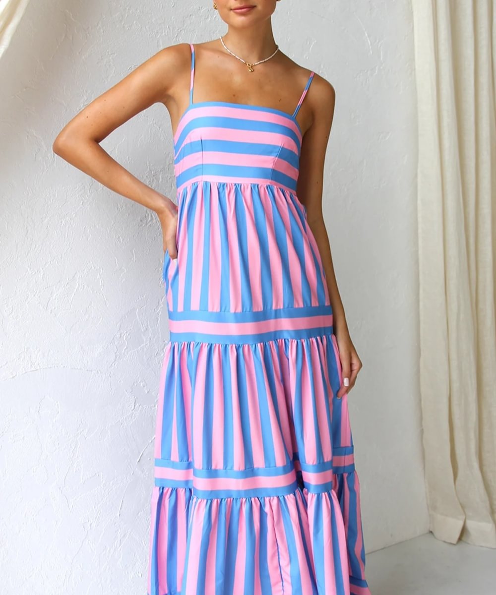 Harley - Women's Striped Tiered Midi Dress Cotton Blend for Casual Elegance