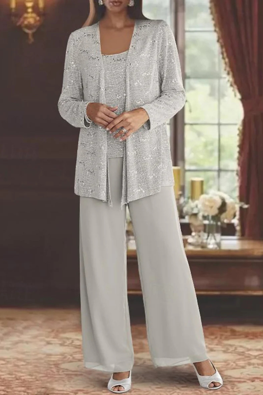 Women's Three-Piece Evening Set with Wide-Leg Pants