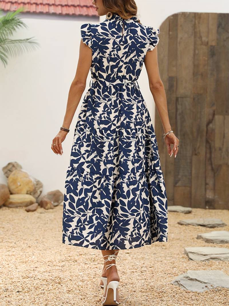 Eleanor - Women's Ruffled Sleeve Leaf Print Summer Dress with Belt