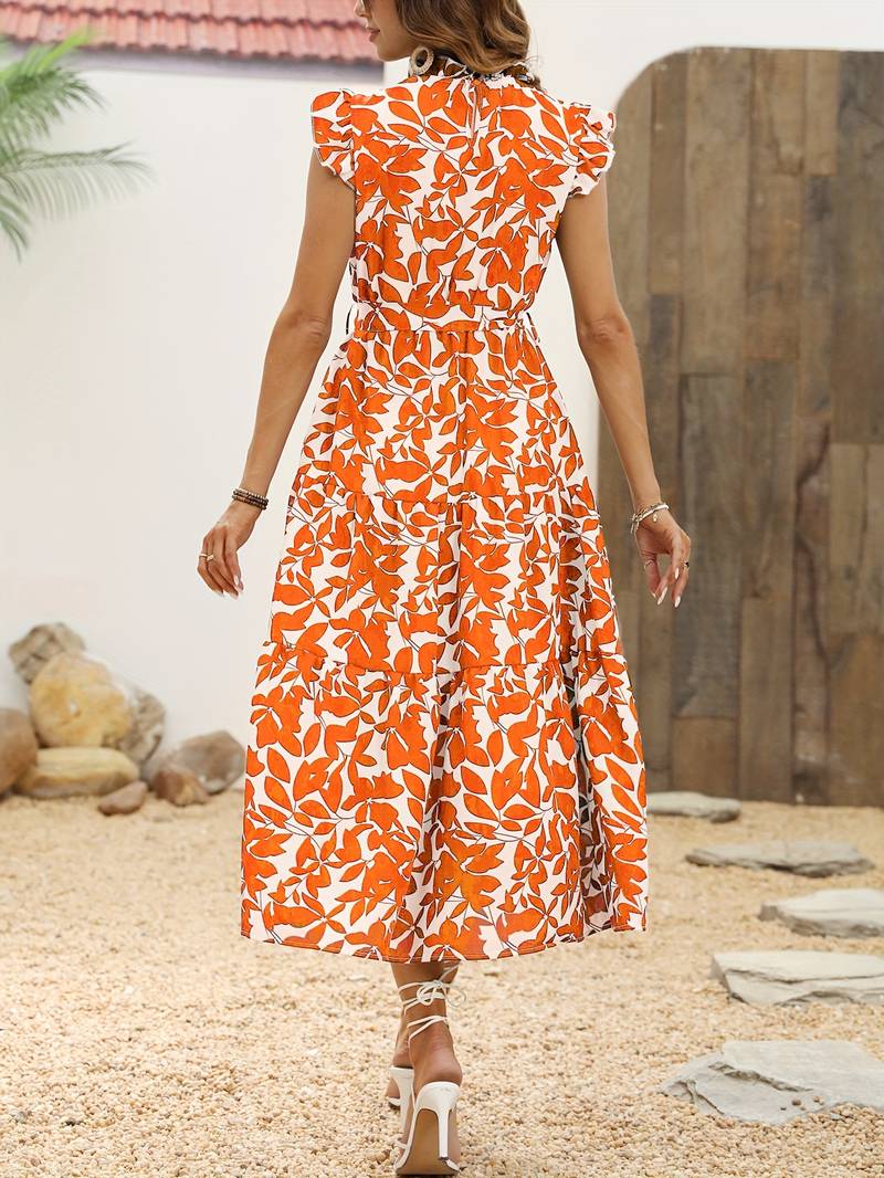 Eleanor - Women's Ruffled Sleeve Leaf Print Summer Dress with Belt
