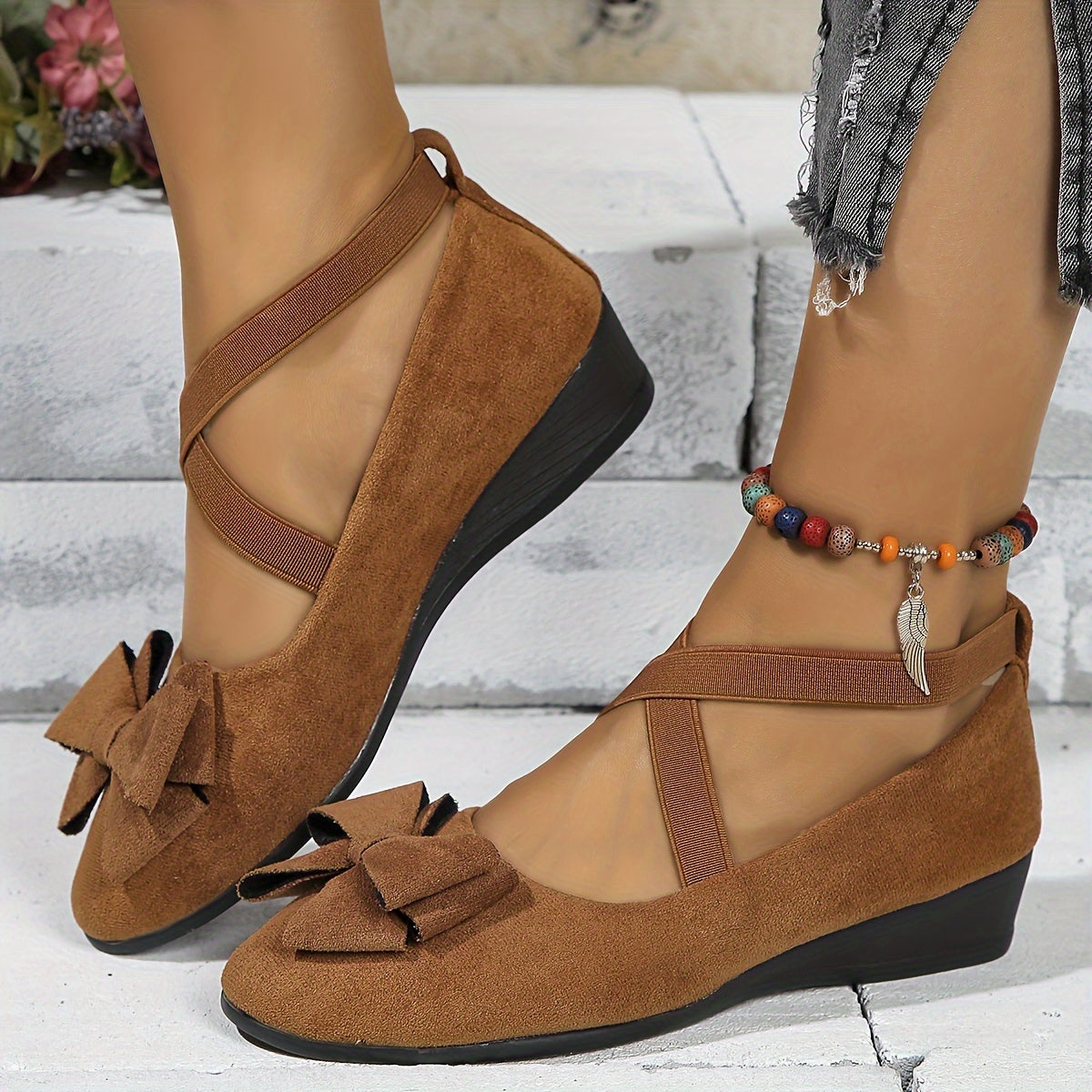 Orlaith - Women's Suede Ballet Flats with Bow Detail