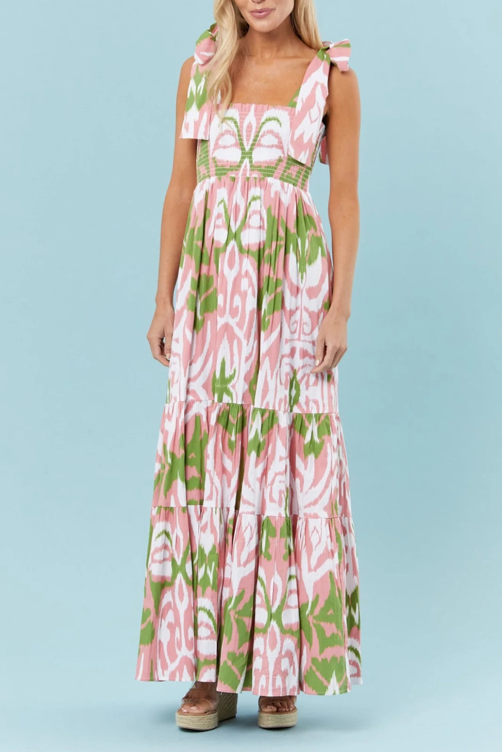 Naomi - Women's Boho Gingham Smocked Maxi Dress with Tied Straps