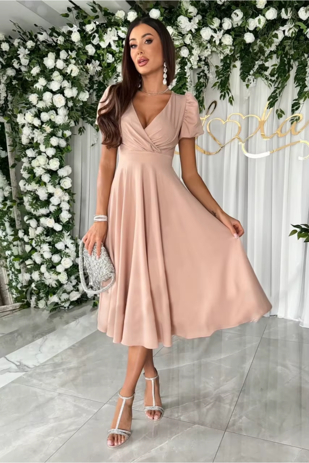 Anika - Women's V-Neck Midi Dress for Weddings and Special Occasions
