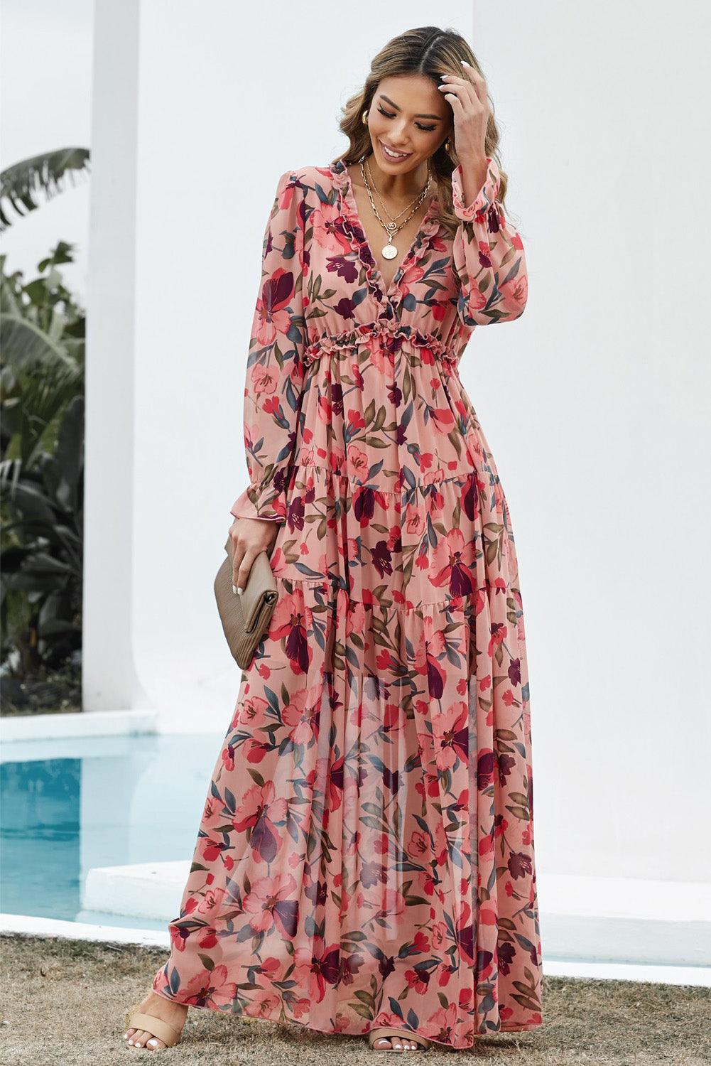 Aveline - Women's Wild Lotus Ruffle Tiered Maxi Dress