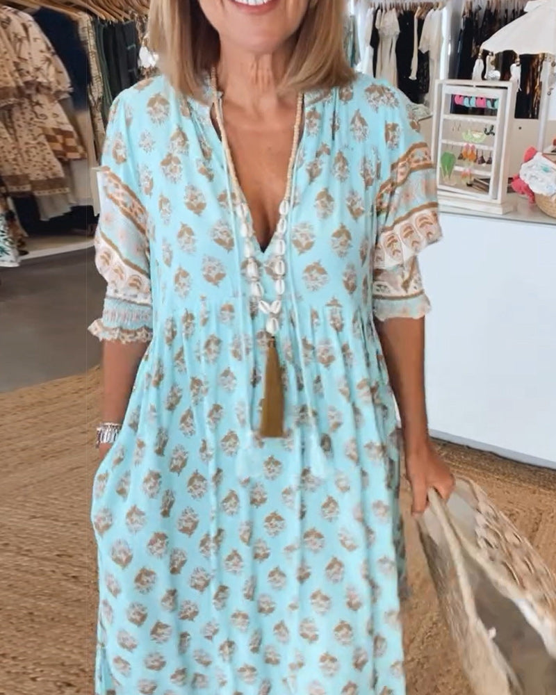Emma - Women's Printed V-Neck Half-Sleeve Dress