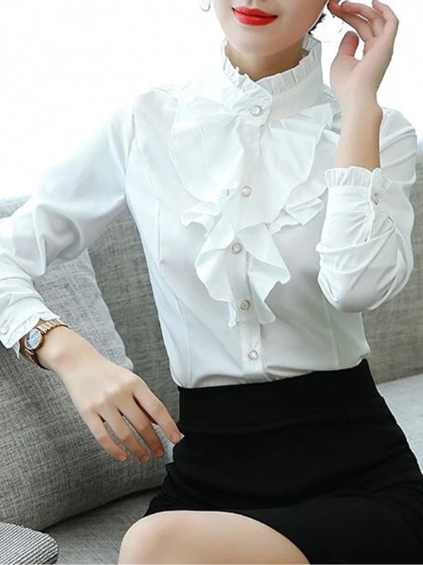 Ava - Women's Ruffled Jabot Long-Sleeve Blouse