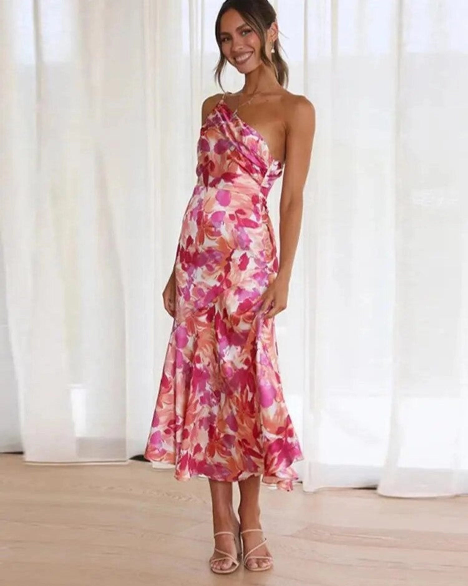 Women's Floral One Shoulder Asymmetrical Maxi Dress in Orange