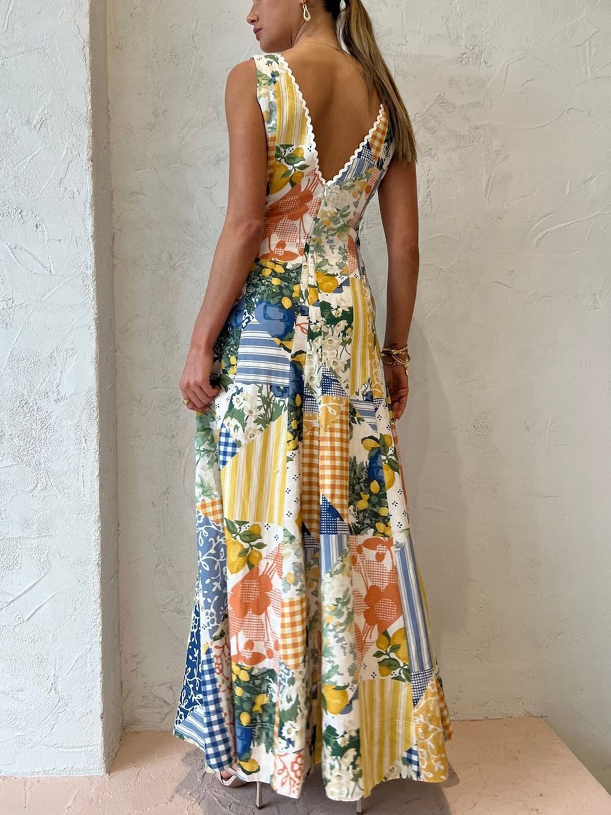 Madeline - Women's Patchwork V-Neck Maxi Dress White Bohemian Charm