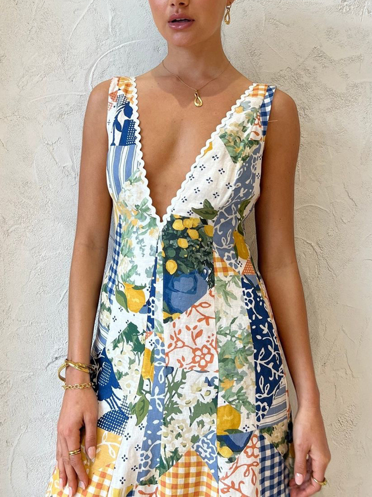 Madeline - Women's Patchwork V-Neck Maxi Dress White Bohemian Charm