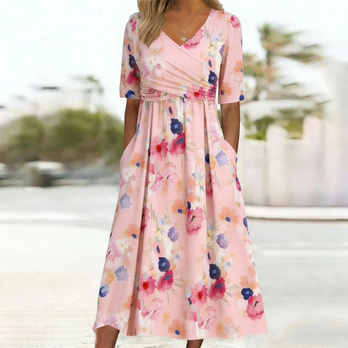 Women's Pink Floral Midi Dress with Gathered Waist