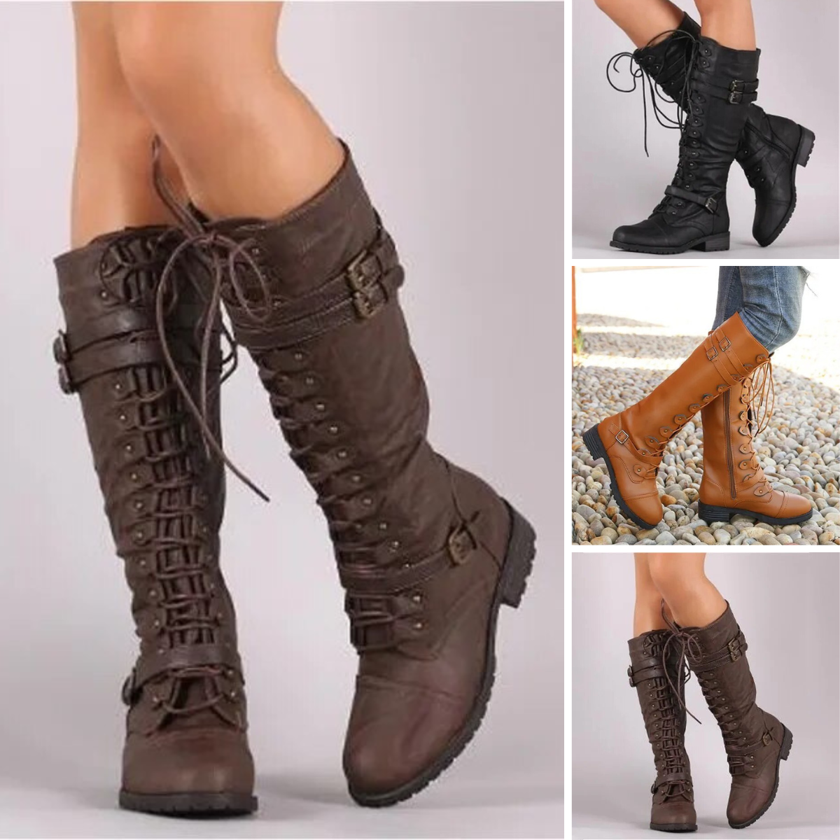 Women's Vegan Leather Lace-Up Boots with Buckles