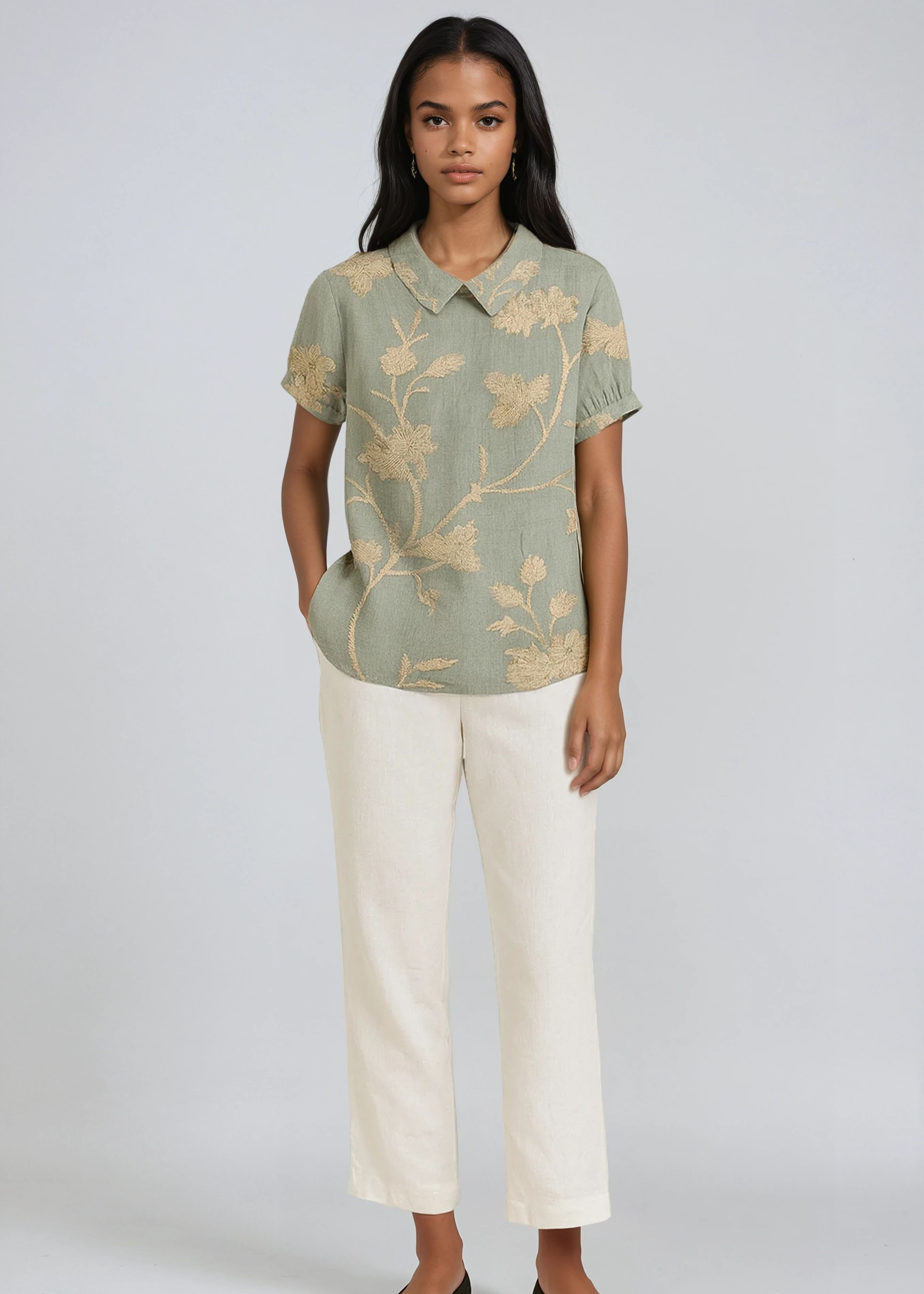 Women's Linen Blouse with Floral Embroidery and Peter Pan Collar in Green 1