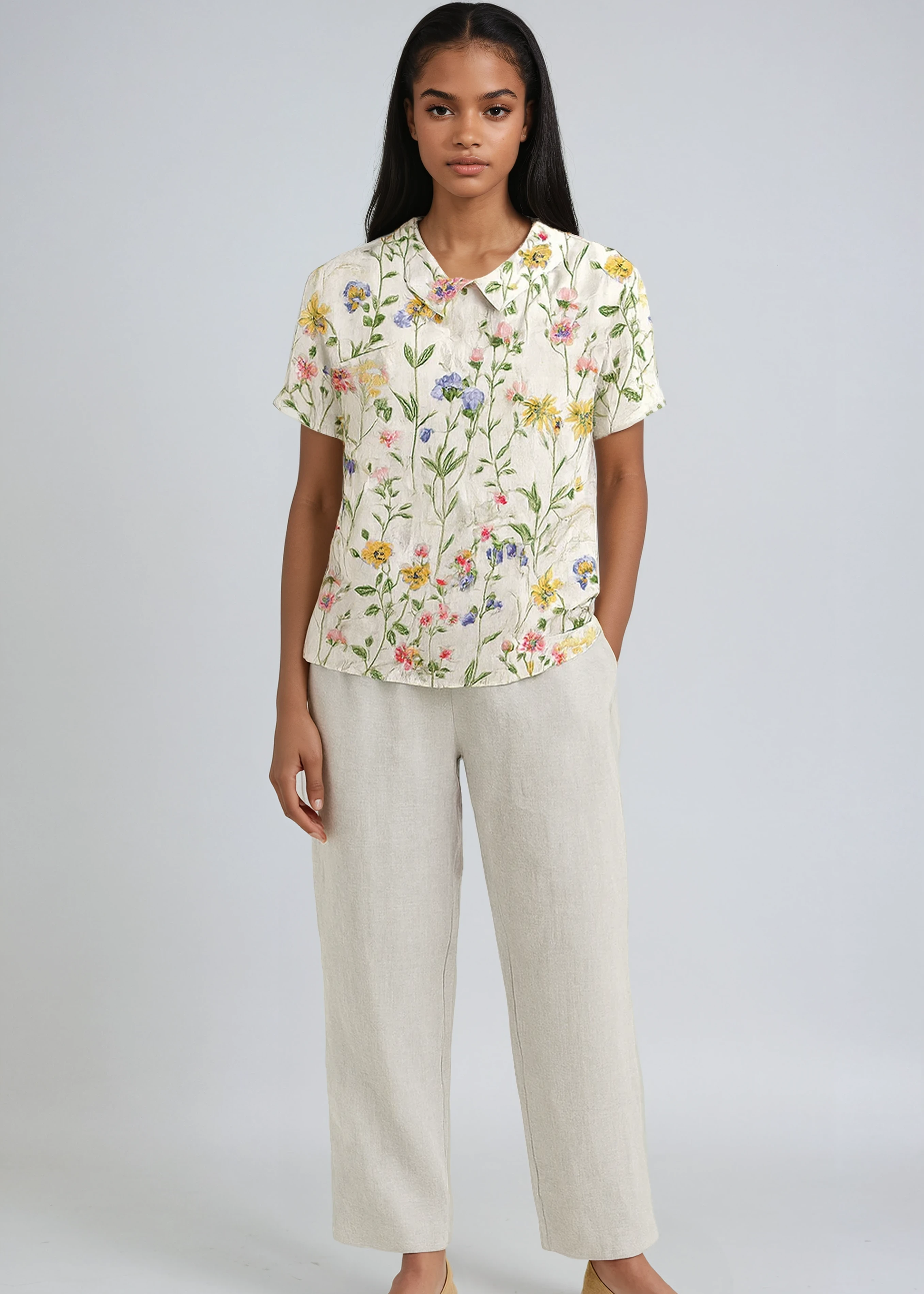 Blusa de lino para mujer con bordado floral y cuello Peter Pan
