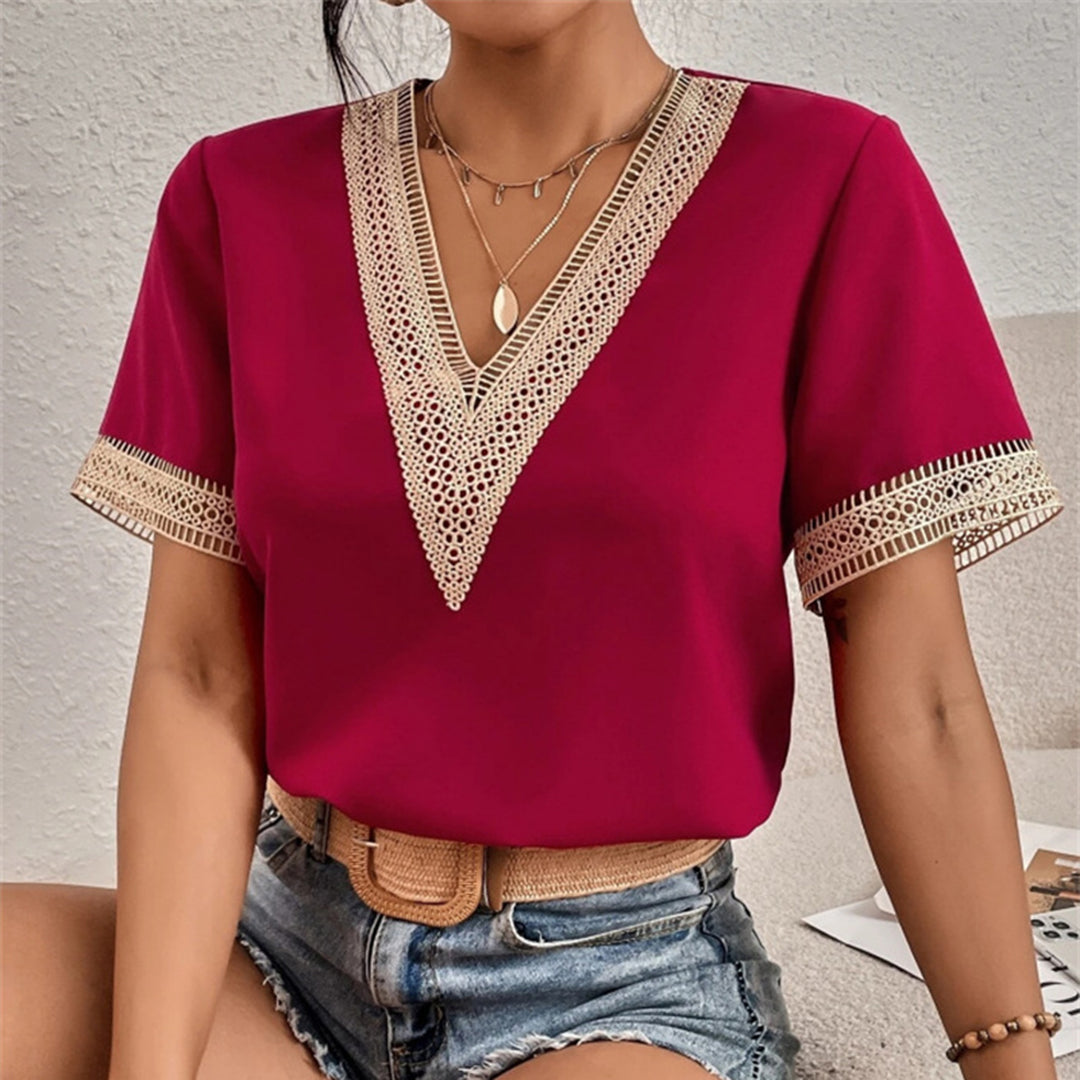 Charlotte - Women's Crochet Trim V-Neck Blouse