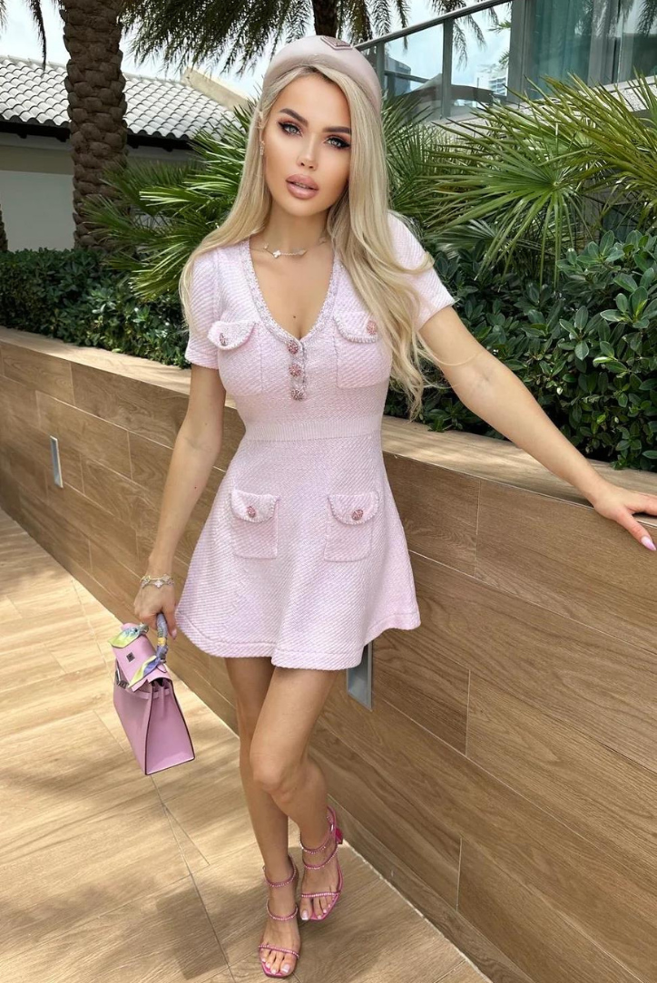 Lara - Women's Baby Pink Mini Dress with Crystal Button Detail and Pockets