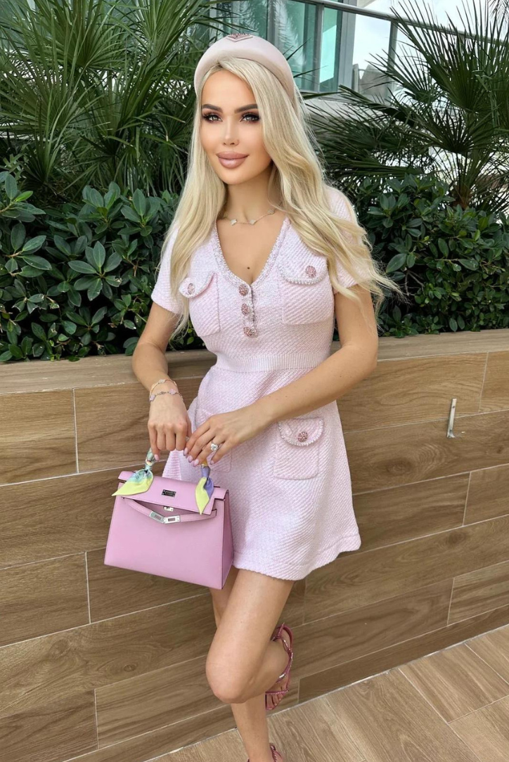 Lara - Women's Baby Pink Mini Dress with Crystal Button Detail and Pockets
