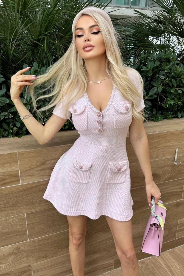 Lara - Women's Baby Pink Mini Dress with Crystal Button Detail and Pockets
