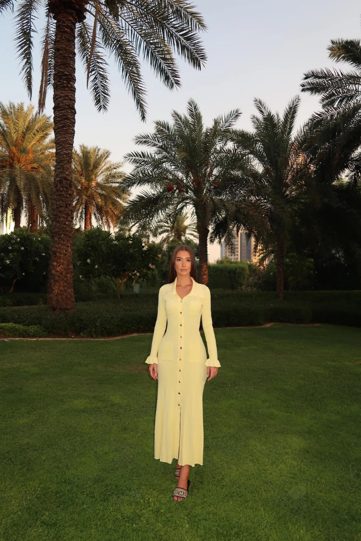 Leilani - Women's Knit Maxi Dress with Gold Button Detailing