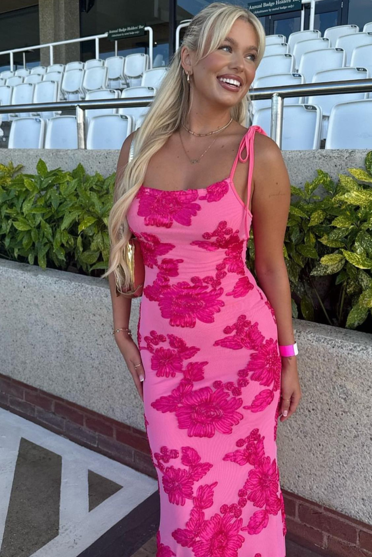 India - Women's Pink Embroidered Maxi Dress with Shoulder Ties