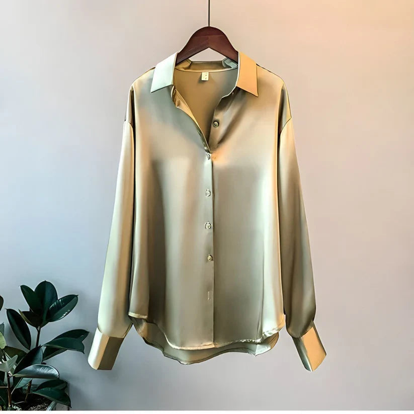Camicia in raso abbottonata a maniche lunghe in camicetta di seta da donna