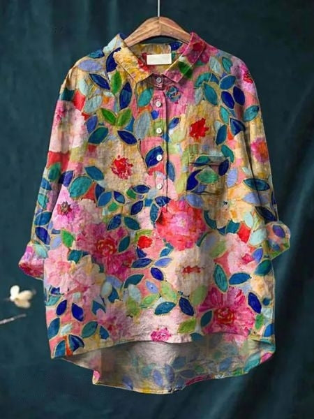 Women's cotton-linen floral shirt, print 2 - coral bloom
