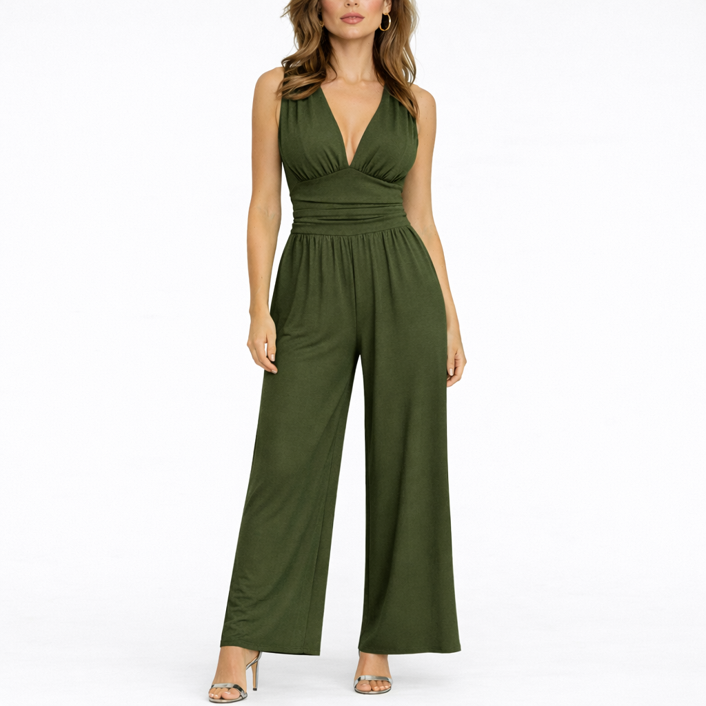 Women's Sleeveless Jumpsuit Wide Leg V-Neck – Dark Green