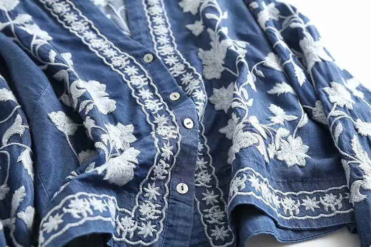 Kelsey - Women's Boho Denim Blouse
