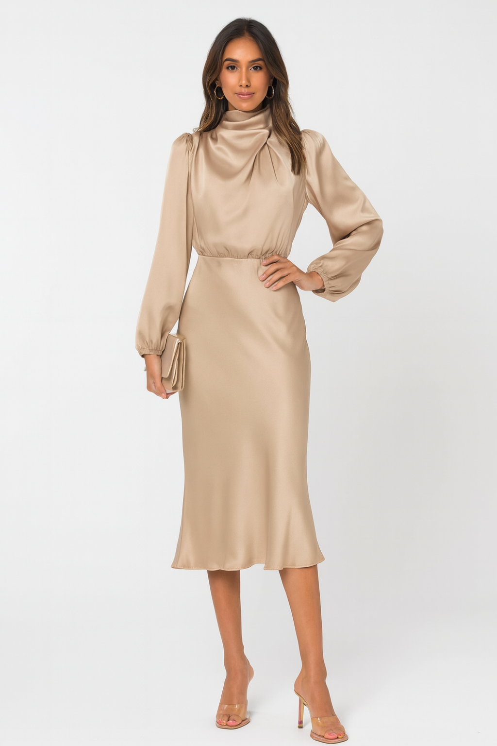 Hazel - Women's Long-Sleeved Satin Dress