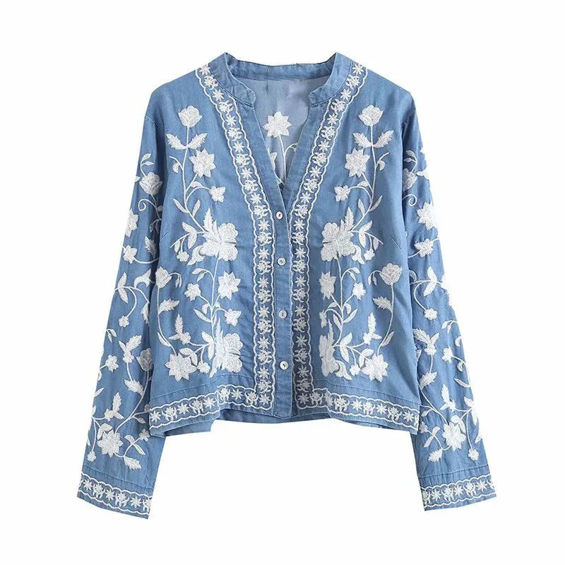 Kelsey - Women's Boho Denim Blouse