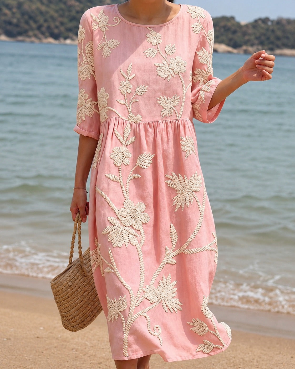 Women's Embroidered Midi Dress with Gathered Waist