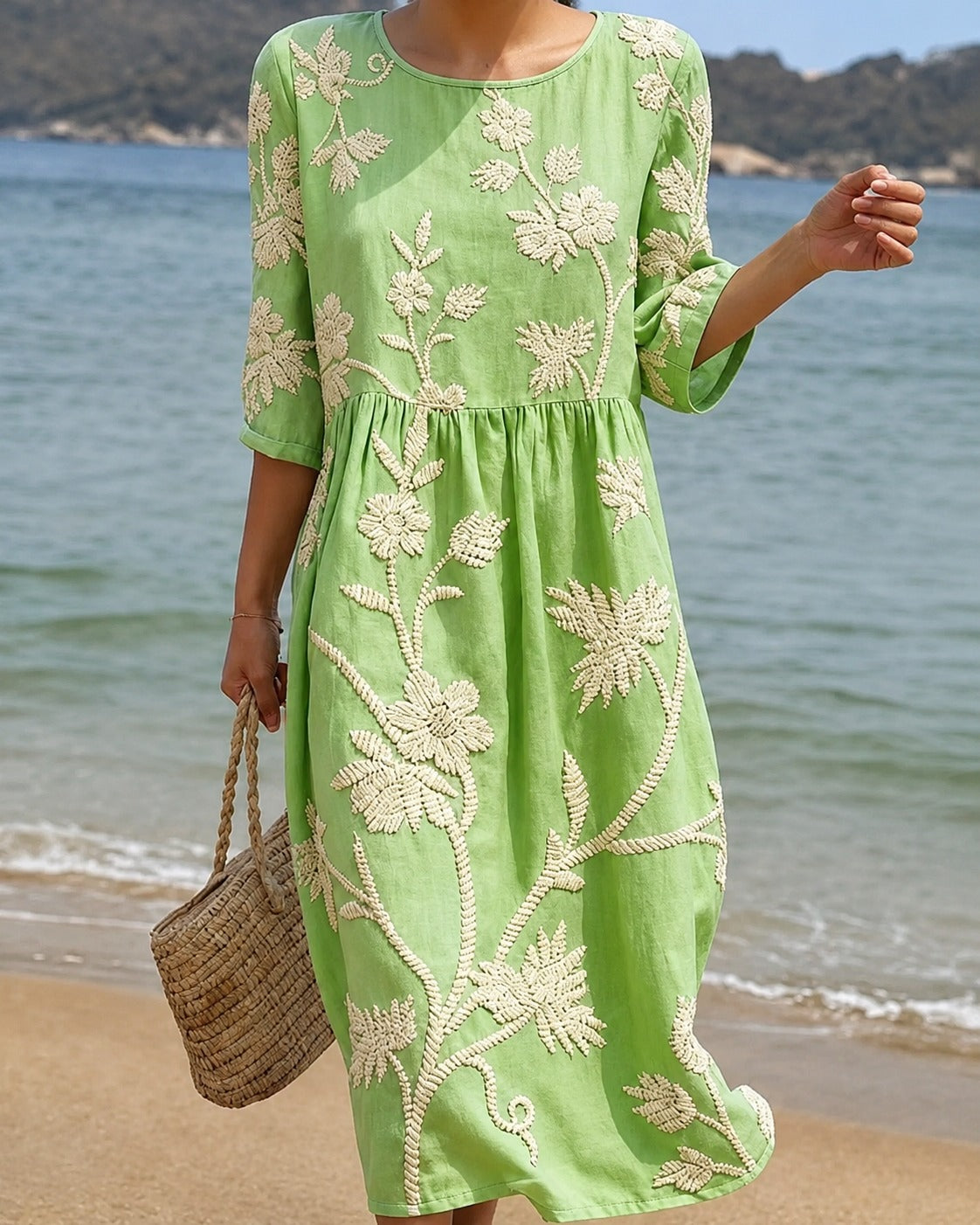 Women's Embroidered Midi Dress with Gathered Waist