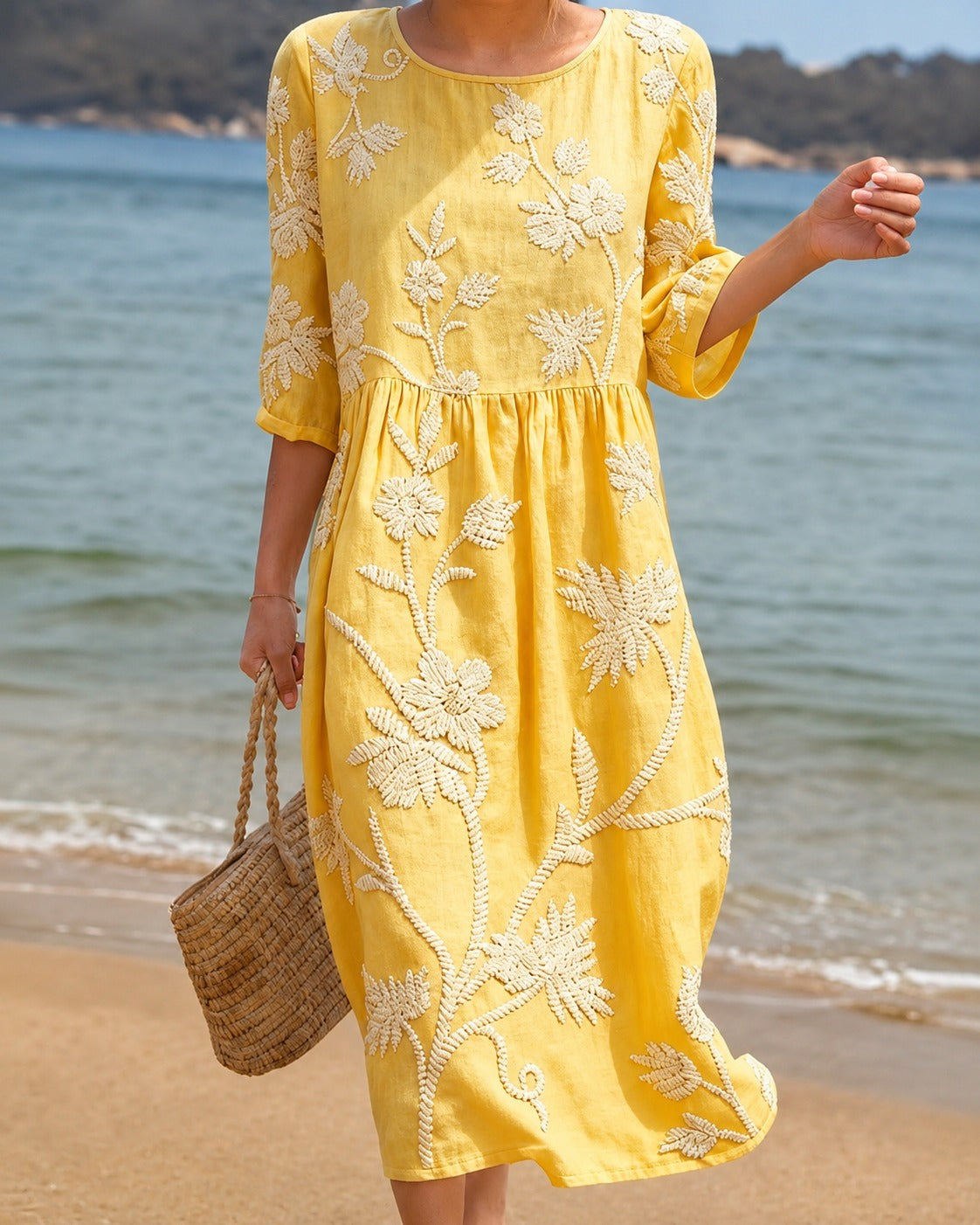 Women's Embroidered Midi Dress with Gathered Waist