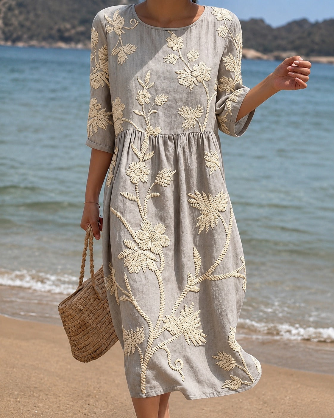 Women's Embroidered Midi Dress with Gathered Waist