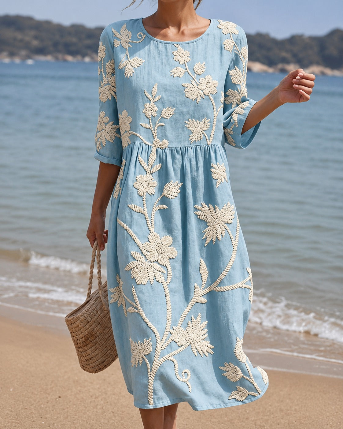 Women's Embroidered Midi Dress with Gathered Waist