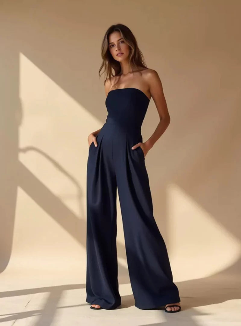 Jumpsuit da donna senza spalline, a gamba larga, con tasche