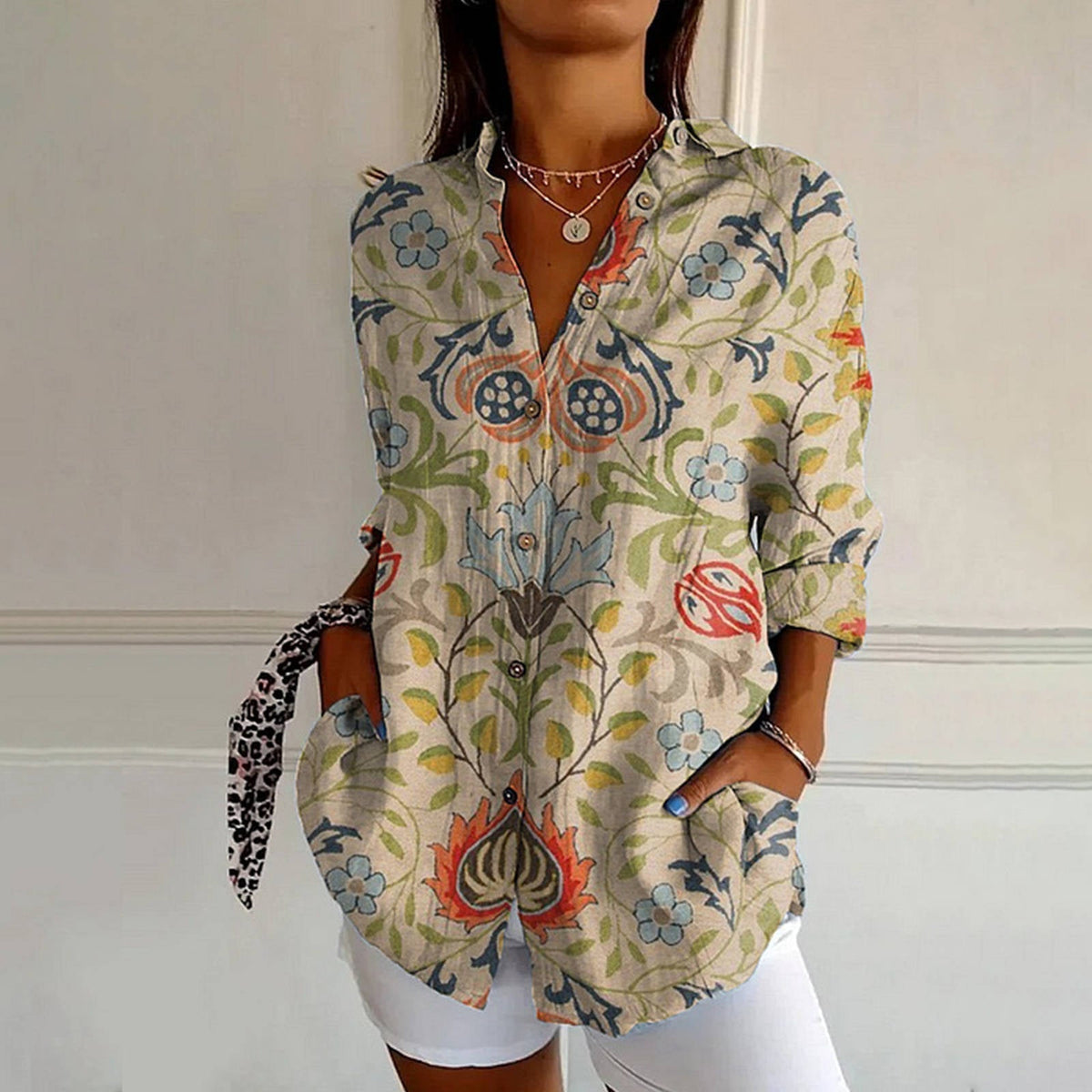 Women's Print Tunic Blouse with Side Pockets