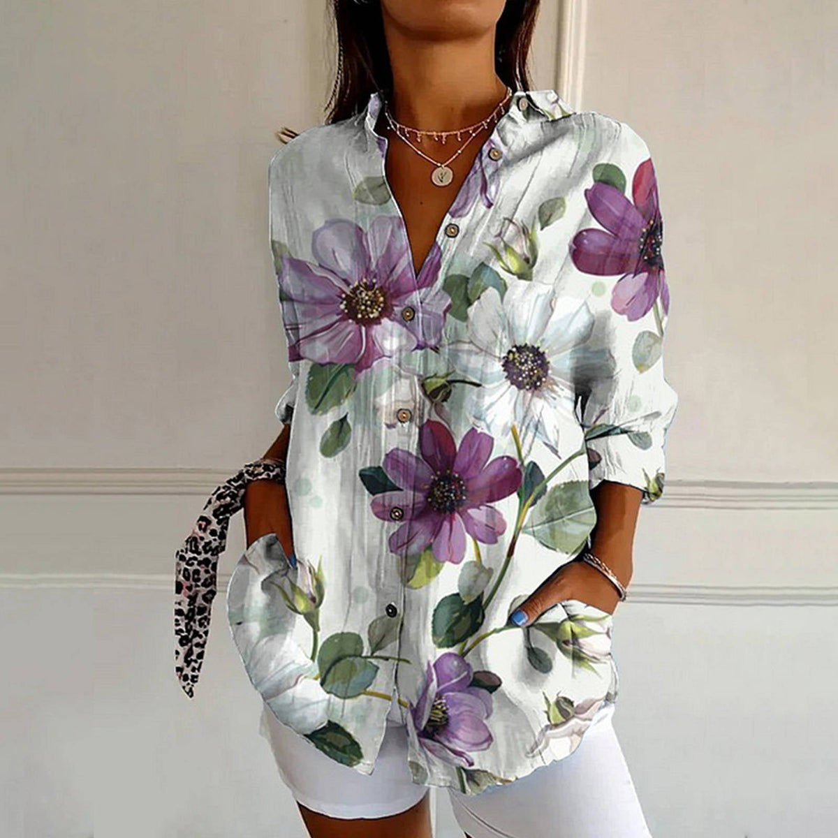 Women's Print Tunic Blouse with Side Pockets