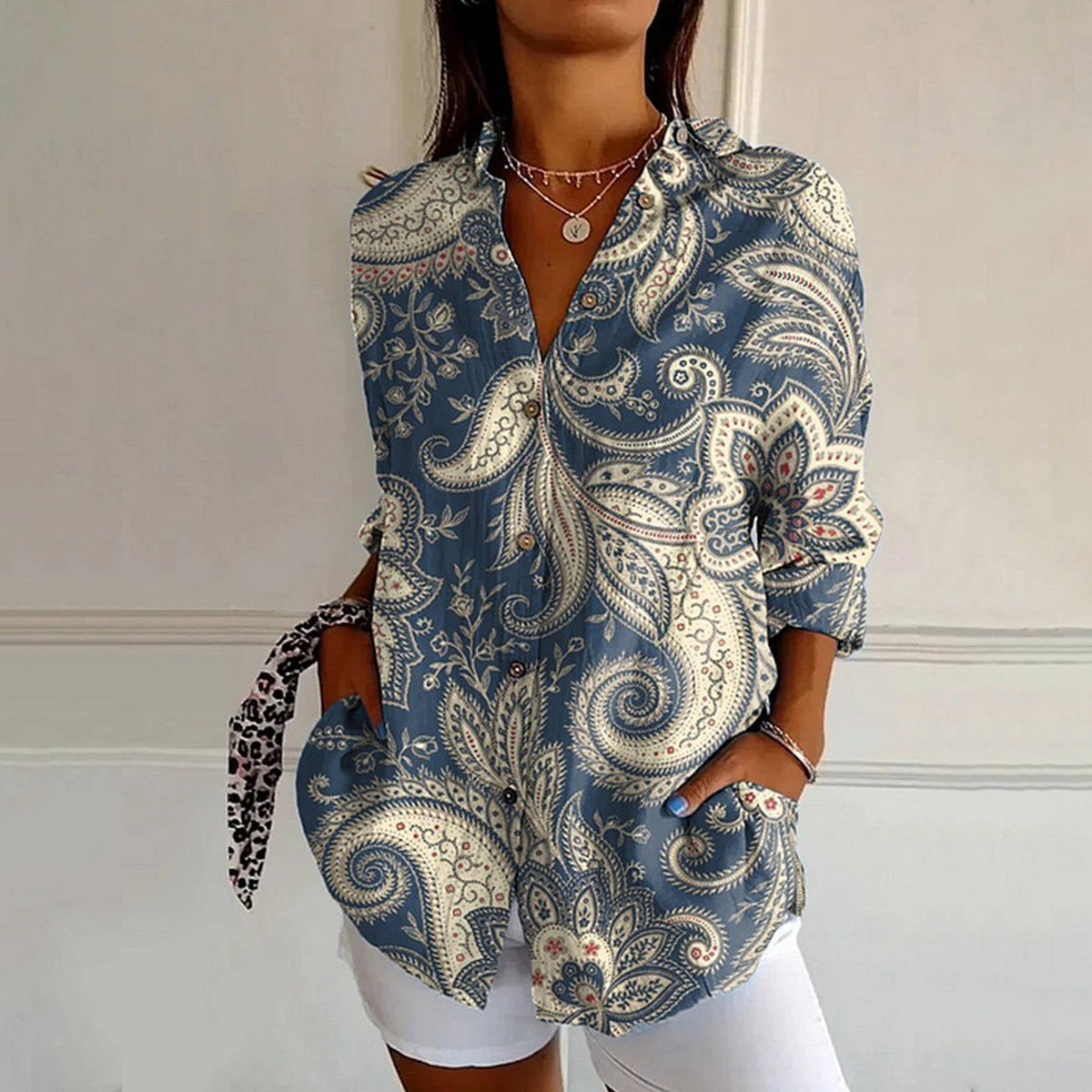 Women's Print Tunic Blouse with Side Pockets