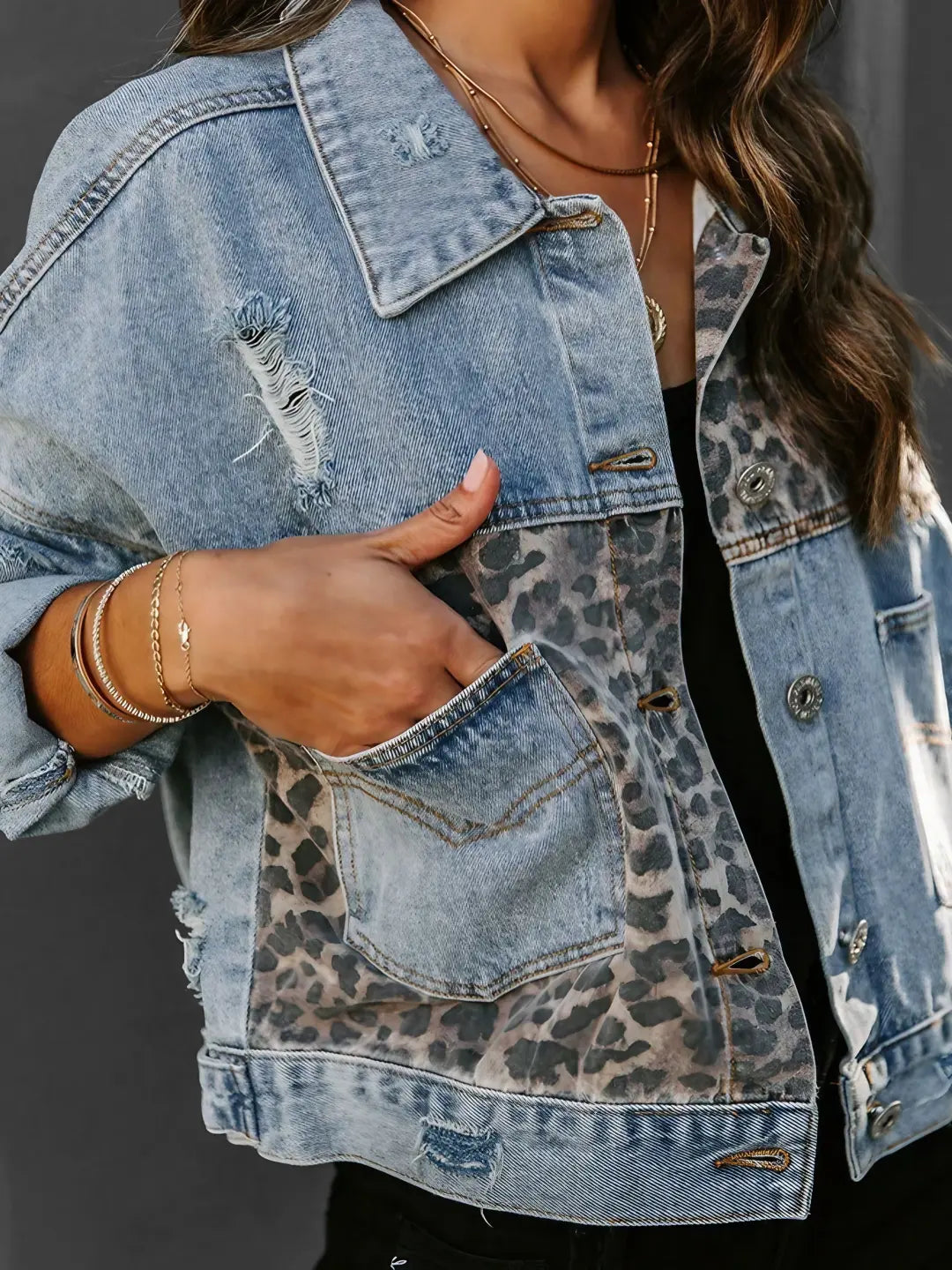 Shirley - Women's Leopard Accent Denim Jacket Bold and Stylish