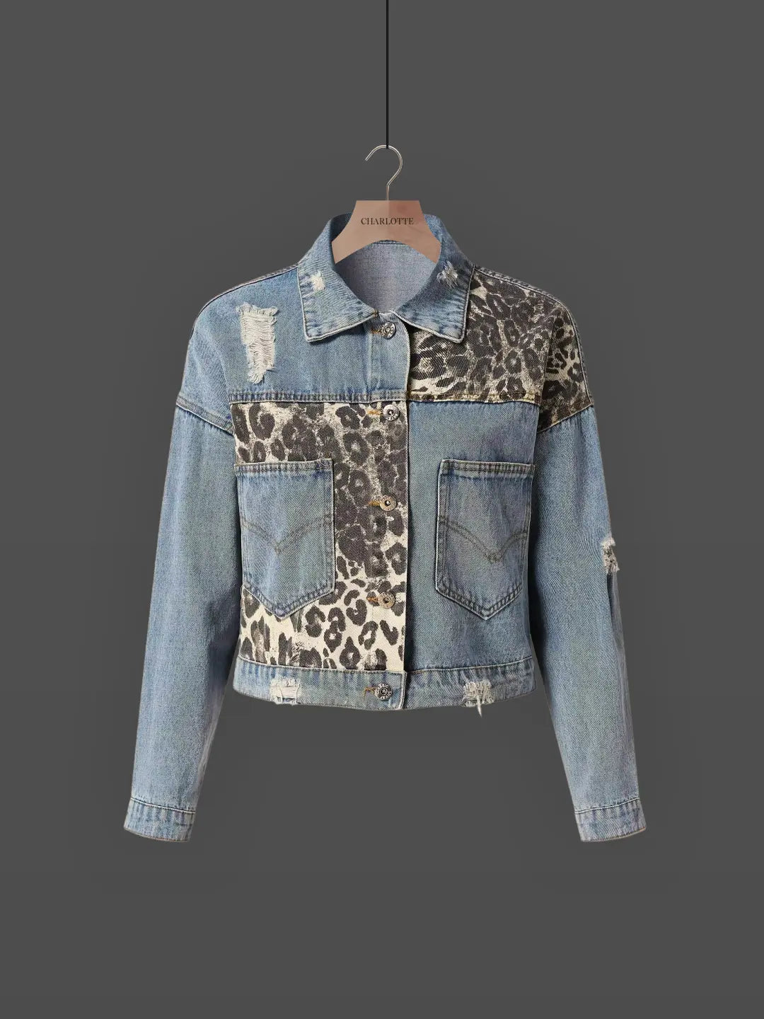 Shirley - Women's Leopard Accent Denim Jacket Bold and Stylish