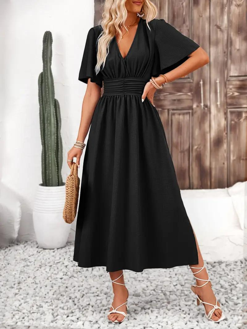 Arielle - Women's Long Dress Short Sleeve V-Neck Maxi Sundress