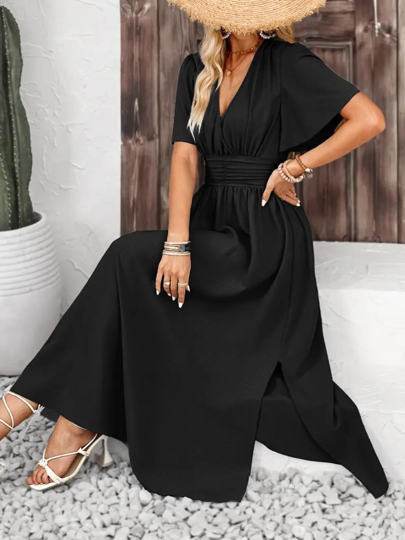 Arielle - Women's Long Dress Short Sleeve V-Neck Maxi Sundress