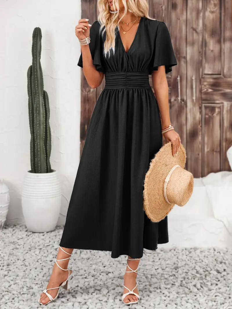 Arielle - Women's Long Dress Short Sleeve V-Neck Maxi Sundress