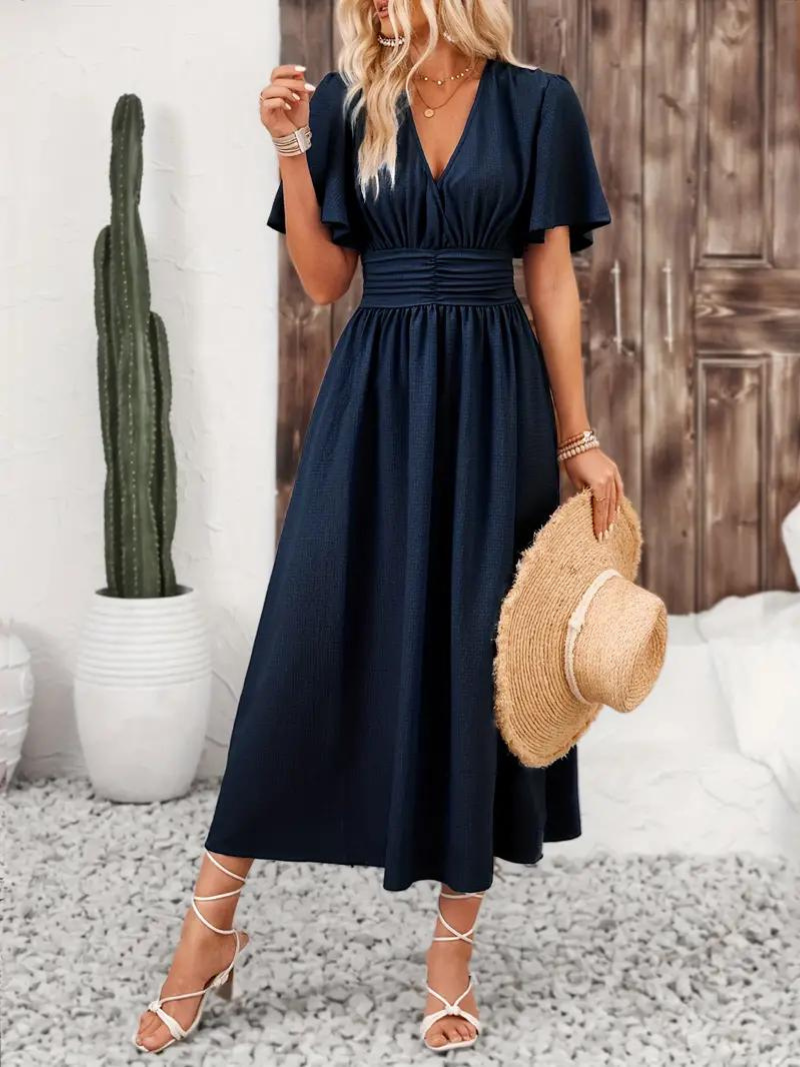 Arielle - Women's Long Dress Short Sleeve V-Neck Maxi Sundress