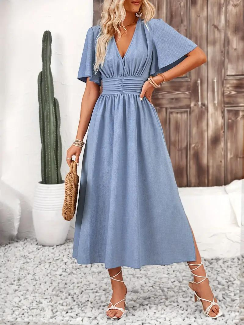 Arielle - Women's Long Dress Short Sleeve V-Neck Maxi Sundress