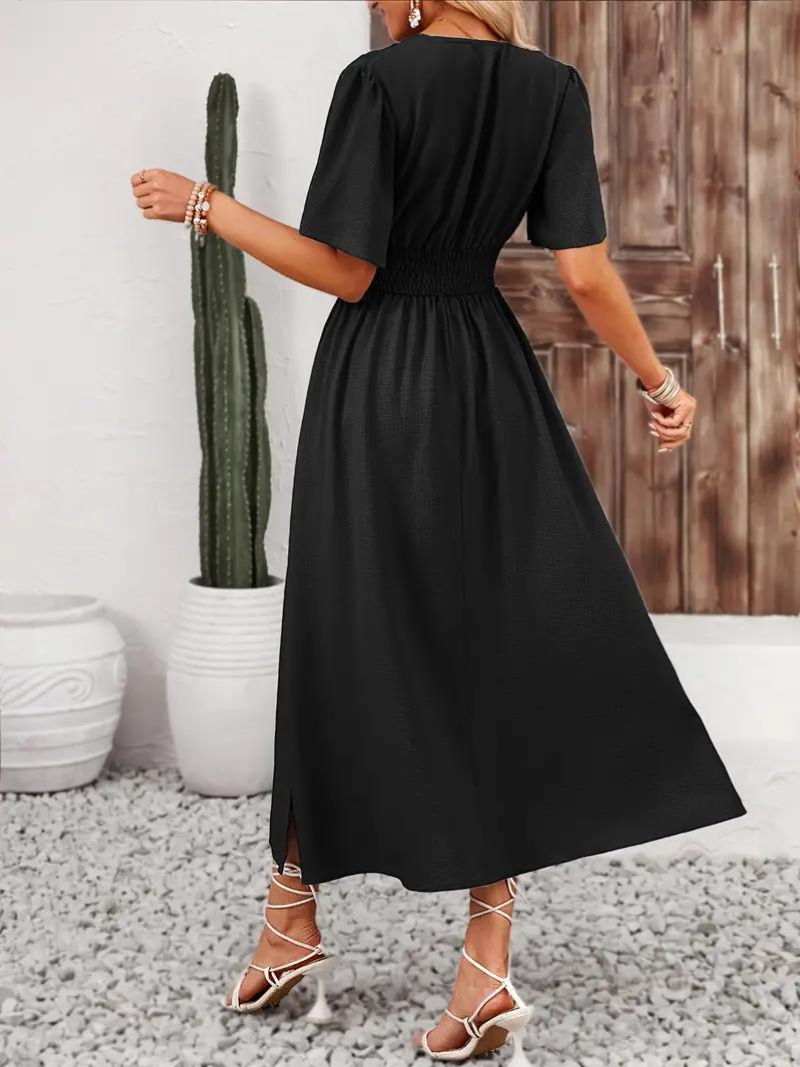 Arielle - Women's Long Dress Short Sleeve V-Neck Maxi Sundress
