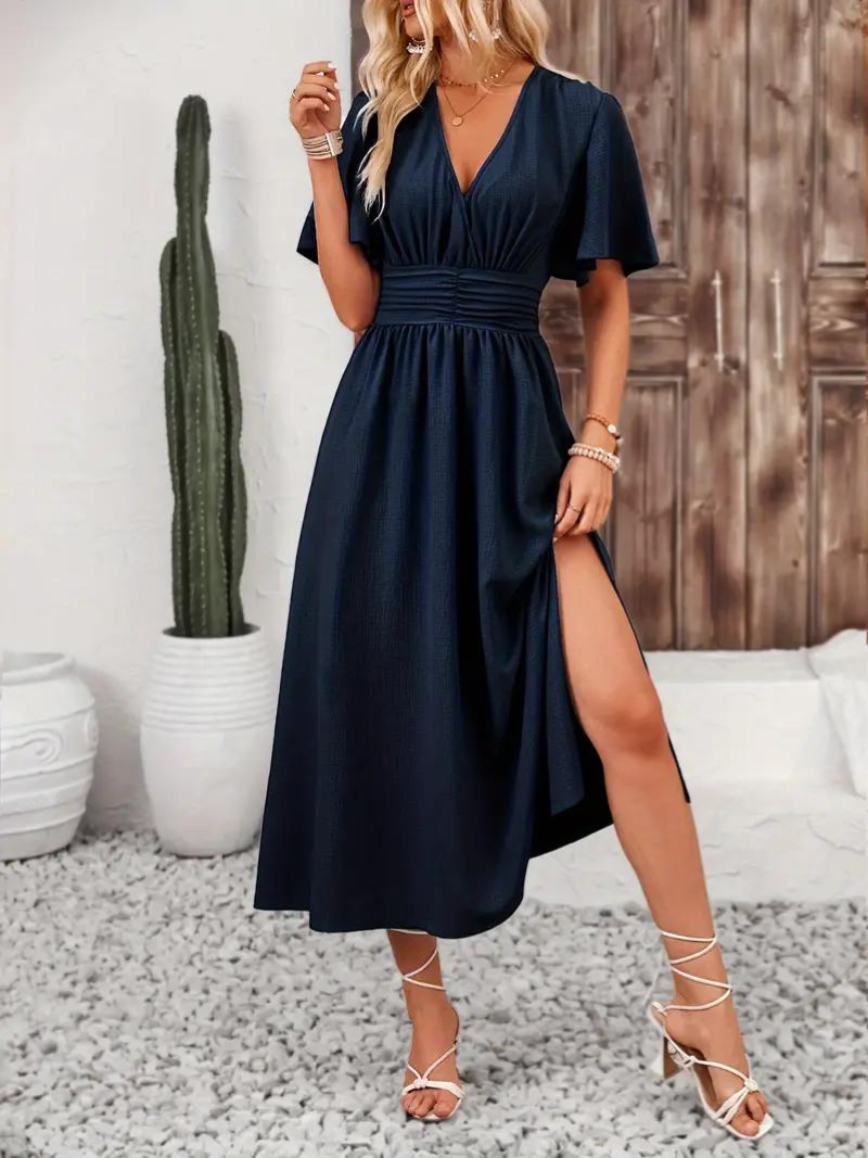 Arielle - Women's Long Dress Short Sleeve V-Neck Maxi Sundress