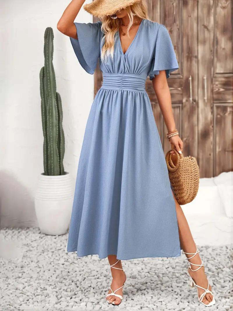 Arielle - Women's Long Dress Short Sleeve V-Neck Maxi Sundress