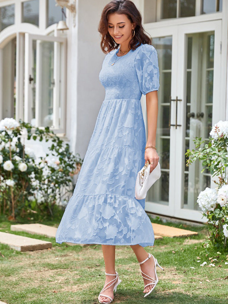 Elly - Women's Smocked Bodice Midi Dress with Puff Sleeves and Tiered Skirt