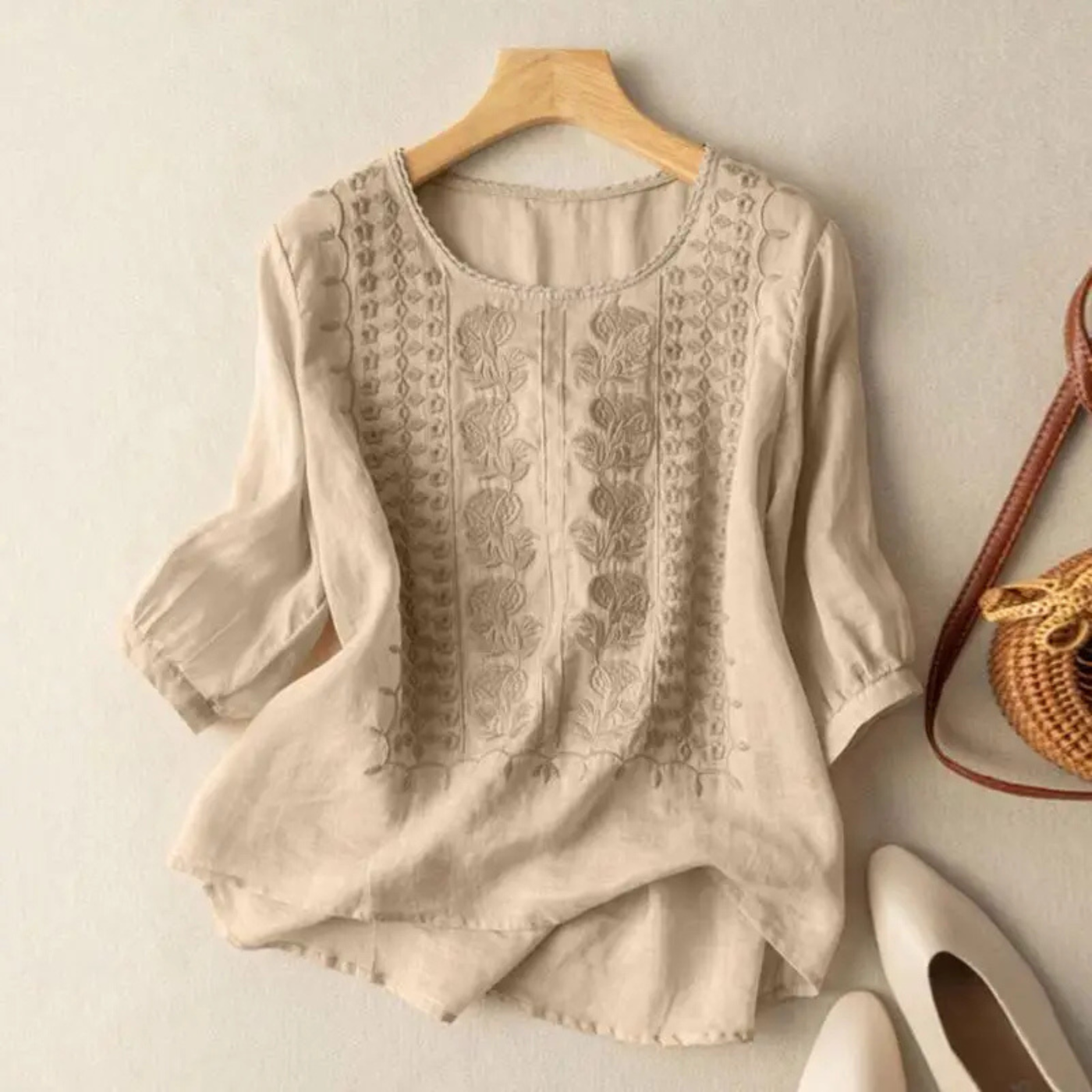 Penelope | Cotton Embroidered Three-Quarter Sleeves Blouse for Women